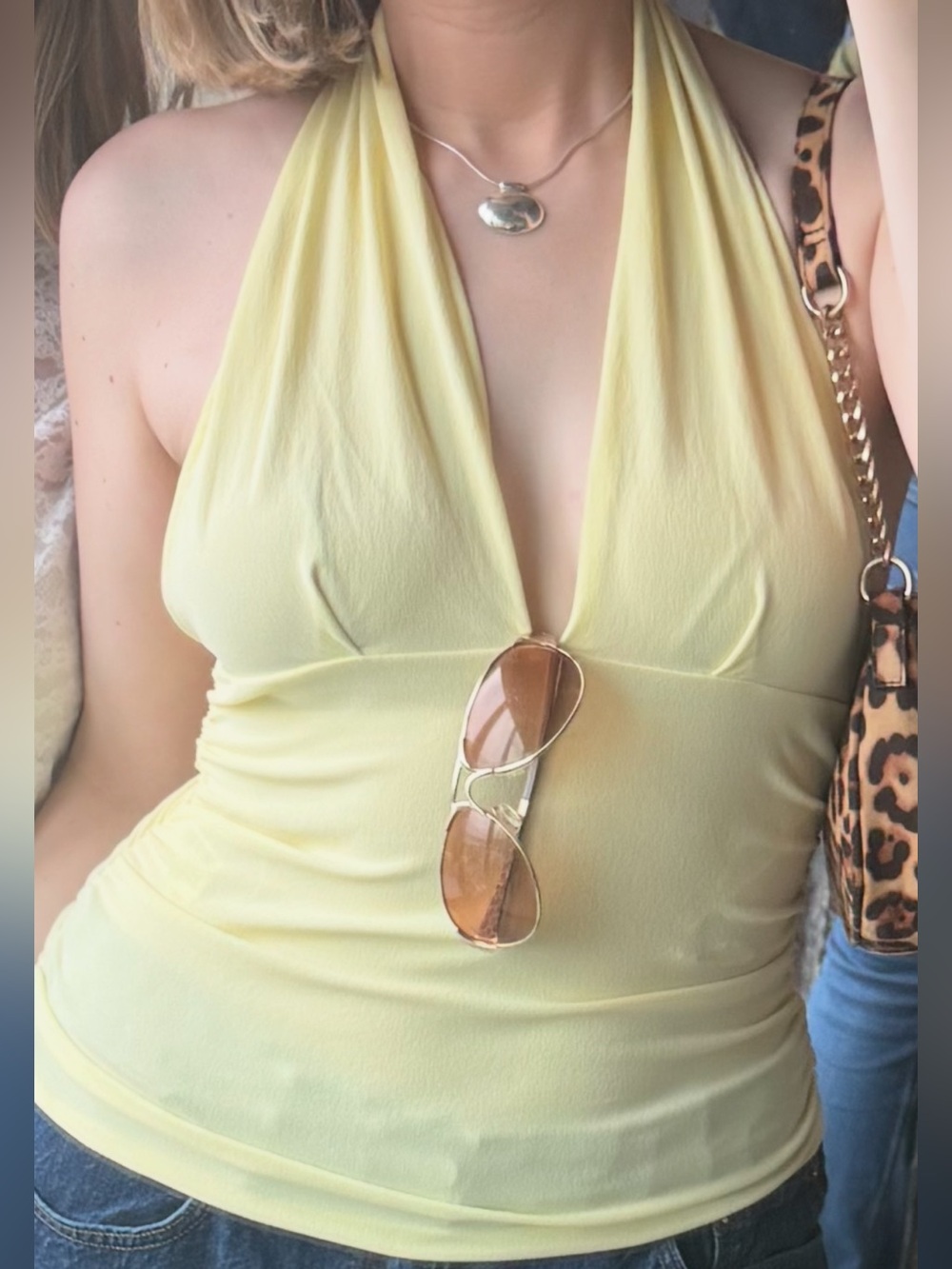 Zara Pale Yellow Halter V-Neck Top